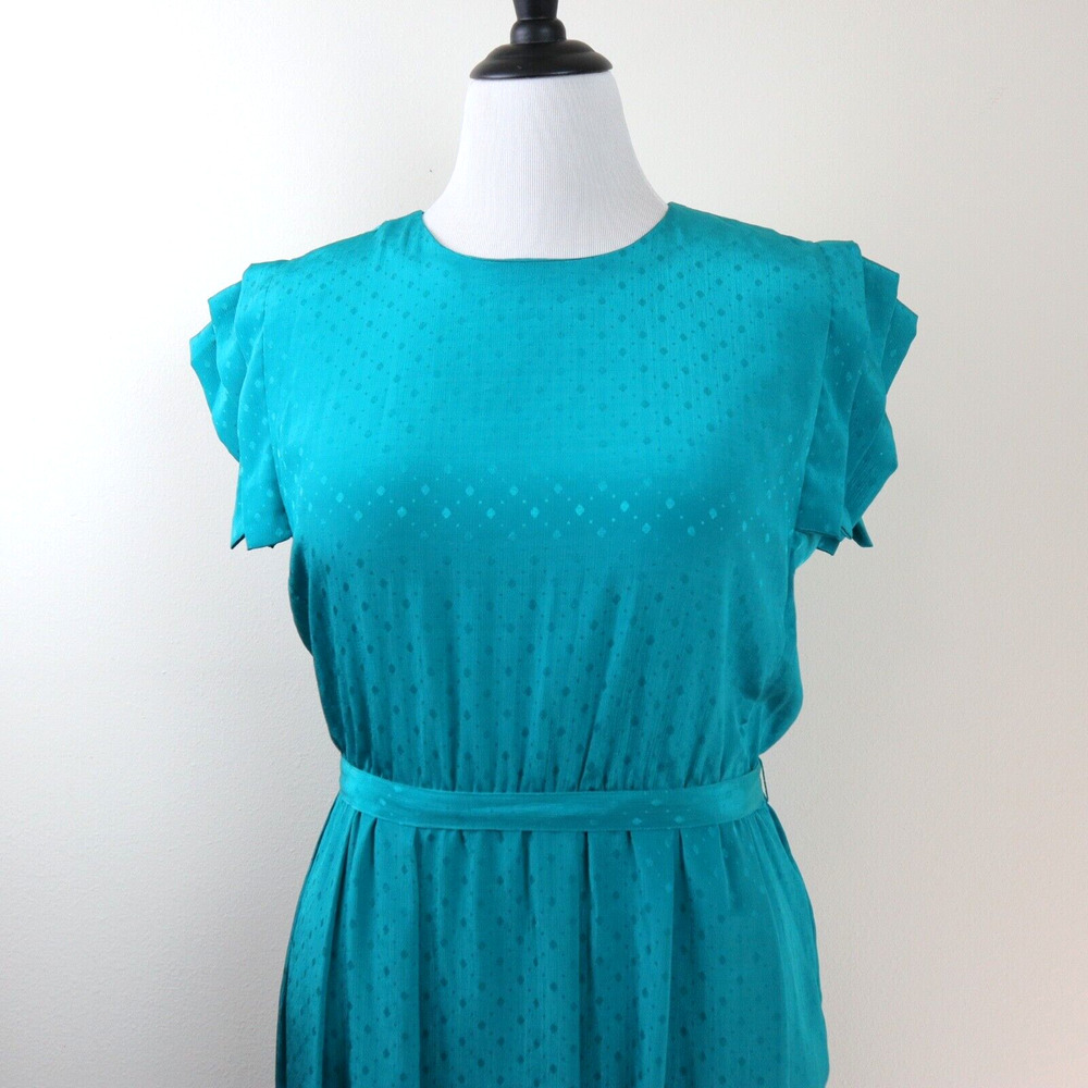 Vintage 1980s Sunshine Alley Size 12 Ruffle Sleeve Dress Teal Satin - Picture 7 of 10